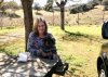 June and Banjo enjoying a picnic lunch in Ciudad Real, on their journey from Barranco Blanco in Málaga, S.Spain to Bampton in Oxon, UK.